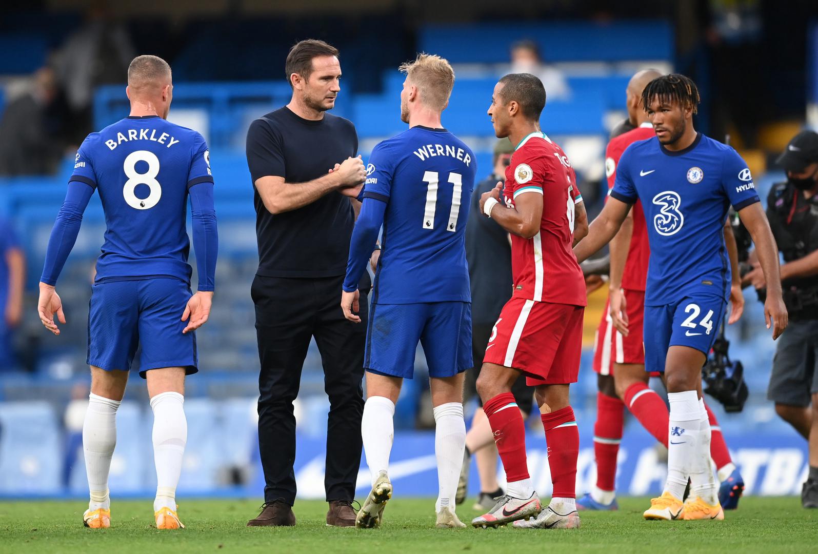 Premier League - Chelsea v Liverpool Soccer Football - Premier League - Chelsea v Liverpool - Stamford Bridge, London, Britain - September 20, 2020 Chelsea manager Frank Lampard speaks with Chelsea's Timo Werner and  Liverpool's Thiago after the match Pool via REUTERS/Michael Regan EDITORIAL USE ONLY. No use with unauthorized audio, video, data, fixture lists, club/league logos or 'live' services. Online in-match use limited to 75 images, no video emulation. No use in betting, games or single club/league/player publications.  Please contact your account representative for further details. MICHAEL REGAN