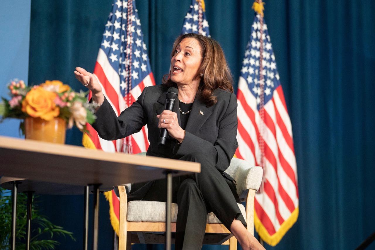 U.S. Vice President Kamala Harris participates in a moderated discussion regarding reproductive health in Kalamazoo