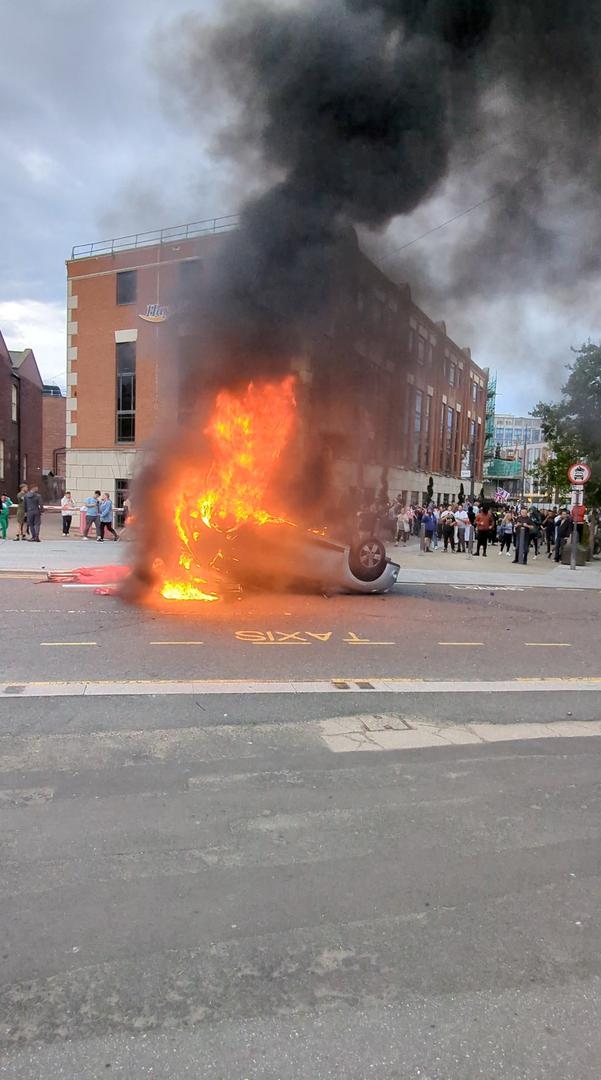 A car burns during anti-immigration demonstrations in Sunderland, Britain August 2, 2024 in this still image obtained from a social media video. TikTok @whatsthecracklike/via REUTERS  THIS IMAGE HAS BEEN SUPPLIED BY A THIRD PARTY. MANDATORY CREDIT. NO RESALES. NO ARCHIVES. Photo: @whatsthecracklike/REUTERS