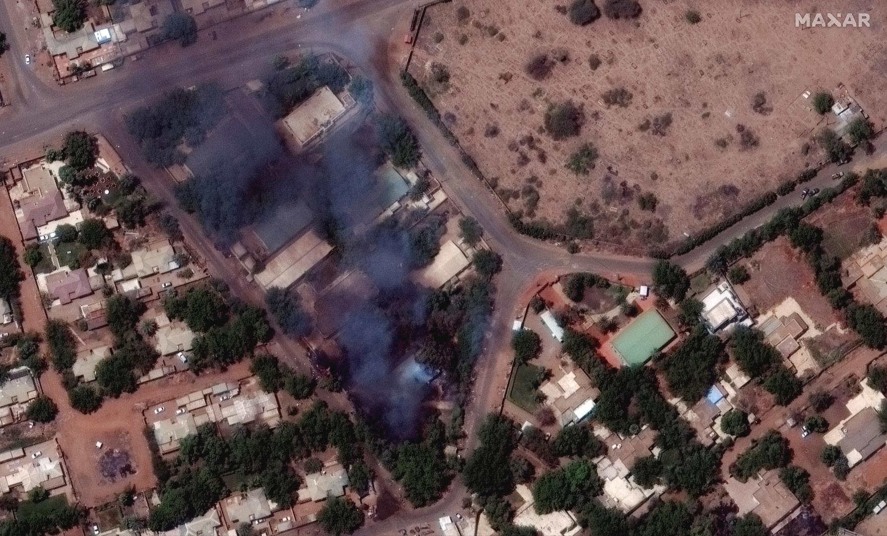 Satellite image shows burning buildings and military patrol northeast of Khartoum International Airport in Khartoum, Sudan April 17, 2023, in this handout image. Courtesy of Maxar Technologies/Handout via REUTERS.  THIS IMAGE HAS BEEN SUPPLIED BY A THIRD PARTY. NO RESALES. NO ARCHIVES. MANDATORY CREDIT. MUST NO OBSCURE LOGO Photo: MAXAR TECHNOLOGIES/REUTERS