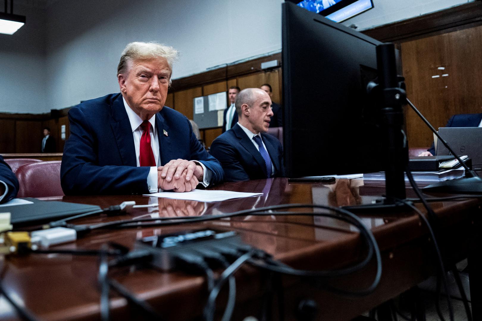 New York, NY - April 15 : Former U.S. President Donald Trump arrives at Manhattan criminal court with his legal team ahead of the start of jury selection in New York, NY on Monday, April 15, 2024. Trump faces 34 felony counts of falsifying business records as part of an alleged scheme to silence claims of extramarital sexual encounters during his 2016 presidential campaign. Jabin Botsford/Pool via REUTERS Photo: Jabin Botsford/REUTERS