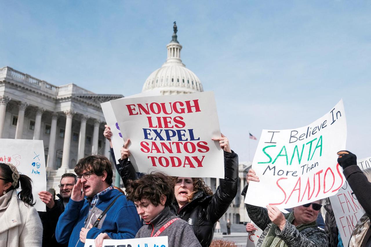 FILE PHOTO: A group of Rep. George Santos's constituents from New York's 3rd Congressional District holds news conference and petition drive calling for Santos’s resignation on Capitol Hill in Washington