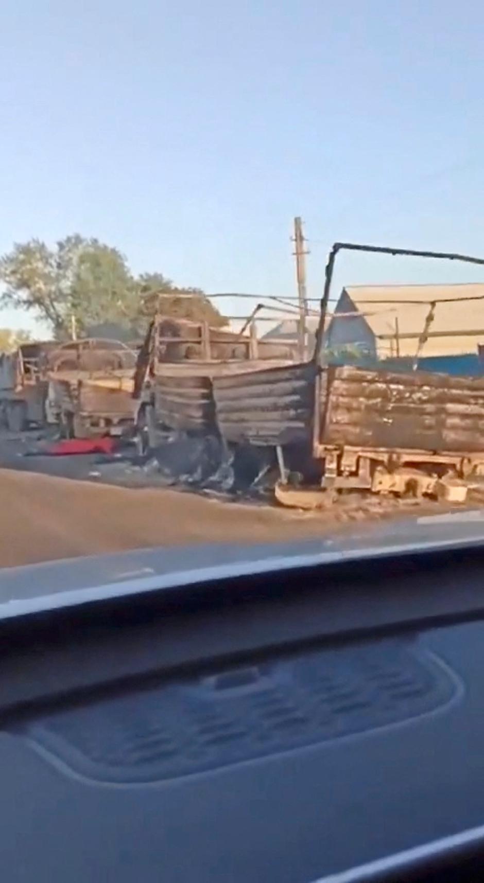 Aftermath of a strike on a Russian column in Oktyabrskoye village, Kursk