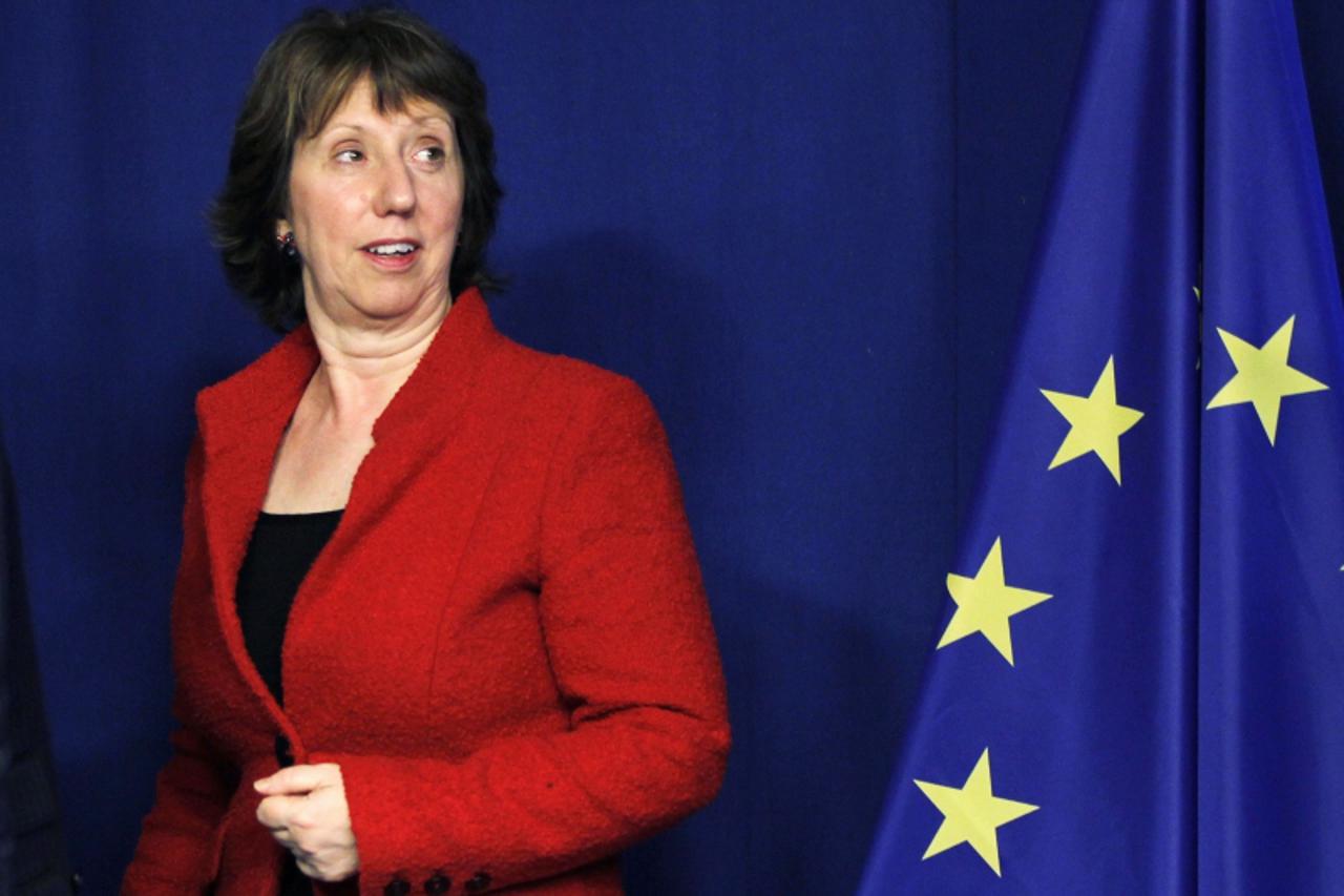 'European Union foreign policy chief Catherine Ashton leaves a news conference at the end of a EU foreign ministers meeting in Brussels December 1, 2011. The European Union agreed new sanctions on Syr