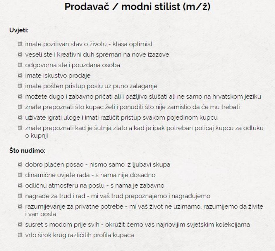 Oglas za slobodno radno mjesto prodavača