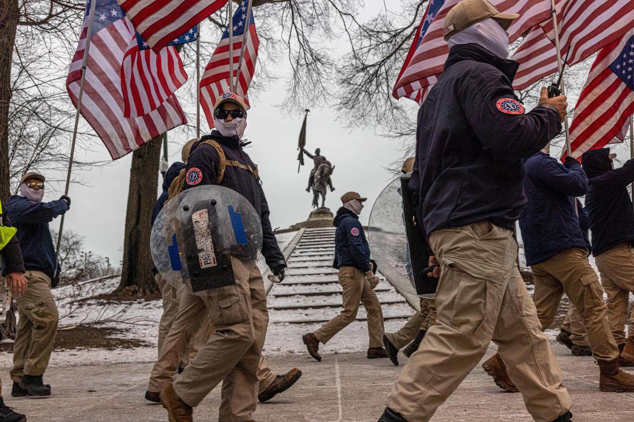 Protesters, counter-protesters, and the white supremacist group Patriot Front participate in the March for Life rally in Chicago