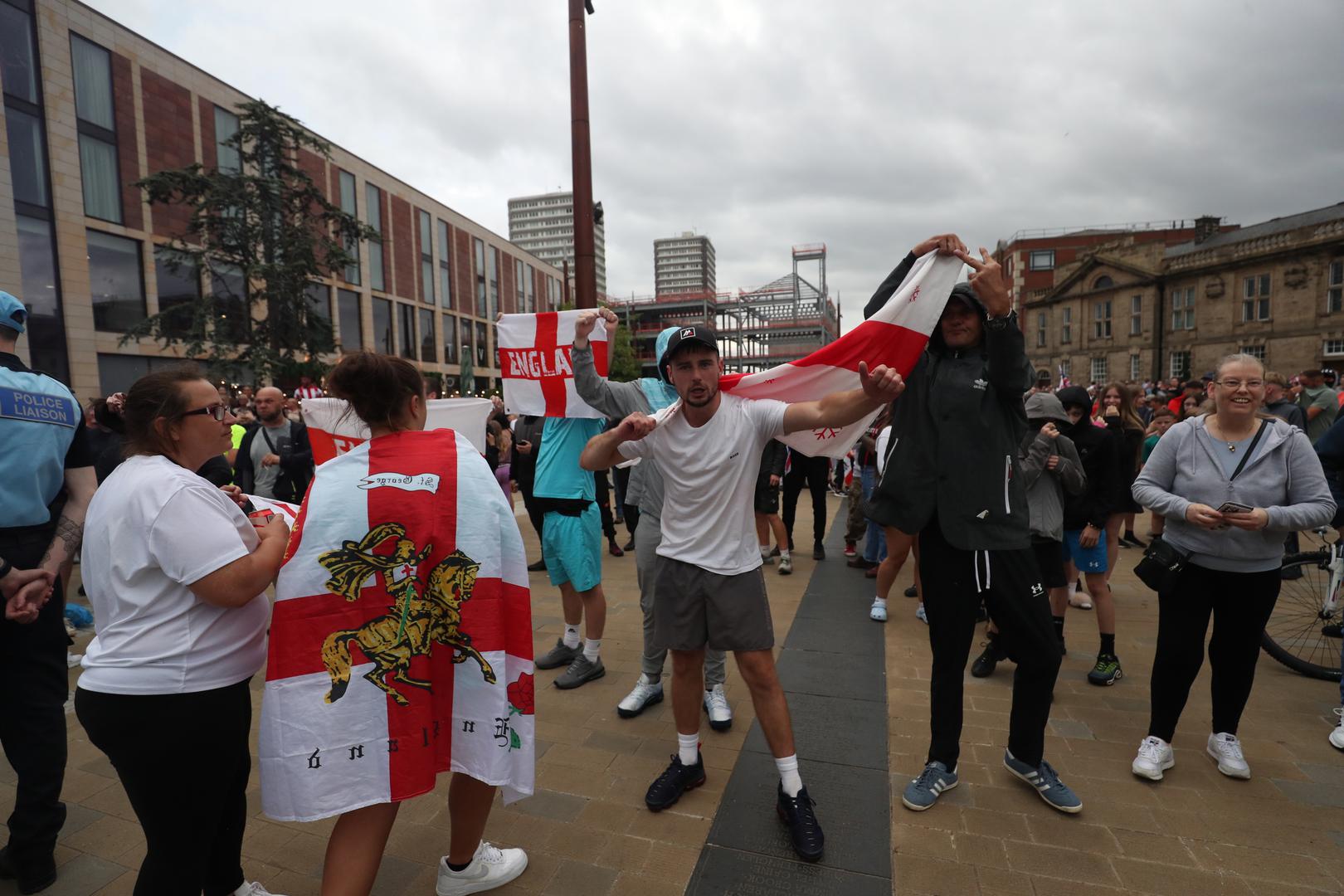 People protest in Sunderland city centre following the stabbing attacks on Monday in Southport, in which three young children were killed. Axel Rudakubana, 17, has been remanded into a youth detention accommodation, charged with three counts of murder, 10 counts of attempted murder and possession of a bladed article, following a knife attack at a Taylor Swift-themed holiday club. Picture date: Friday August 2, 2024. Photo: Scott Heppell/PRESS ASSOCIATION