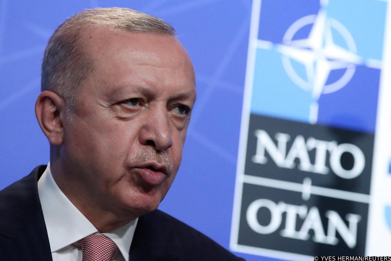 FILE PHOTO: Turkey's President Tayyip Erdogan holds a news conference during the NATO summit at the Alliance's headquarters in Brussels, Belgium