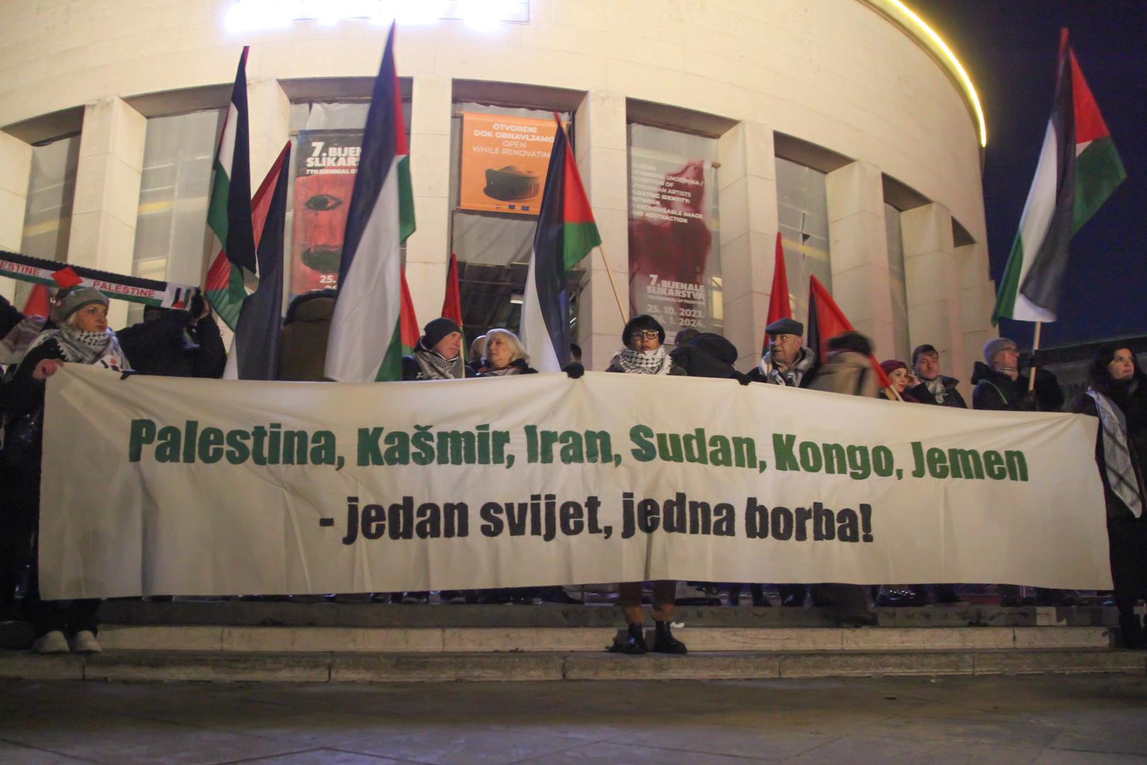 13.1.2024., Trg zrtava fasizma, Zagreb - U sklopu medjunarodnog dana akcije za trajni prekid vatre u Pojasu Gaze, na Trgu zrtava fasizma organiziran je skup pod nazivom “Zivot, sloboda, pravda - mars za Palestinu”. Photo: Luka Batelic/PIXSELL