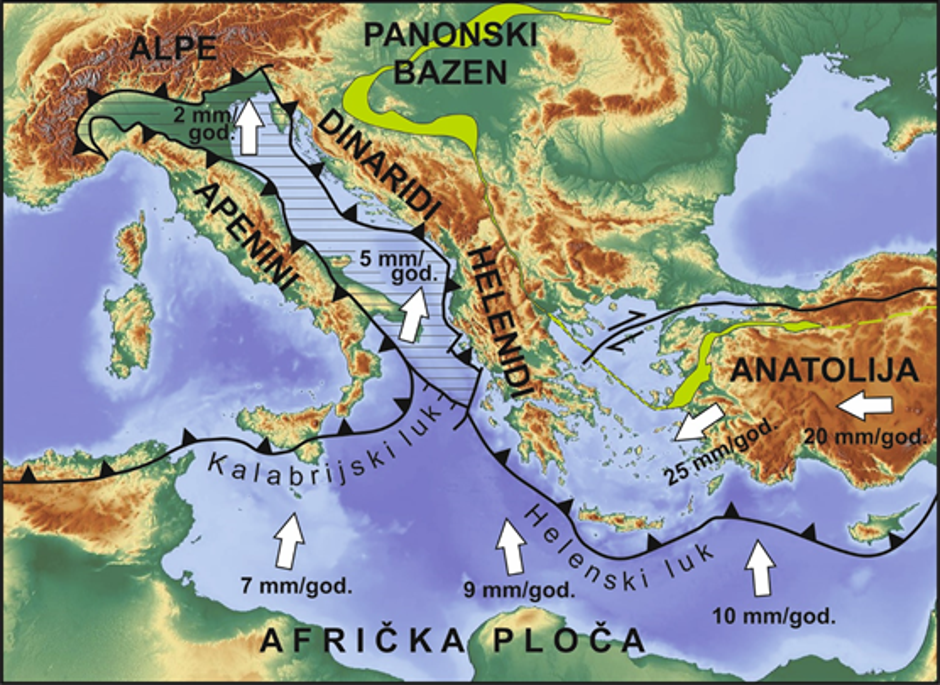 Skica tektonike središnjeg područja Sredozemlja i brzine konvergentnih kretanja Afričke, Anatolijske i Jadranske mikroploče (označena horizontalnim linijama) prema Euroazijskoj ploči