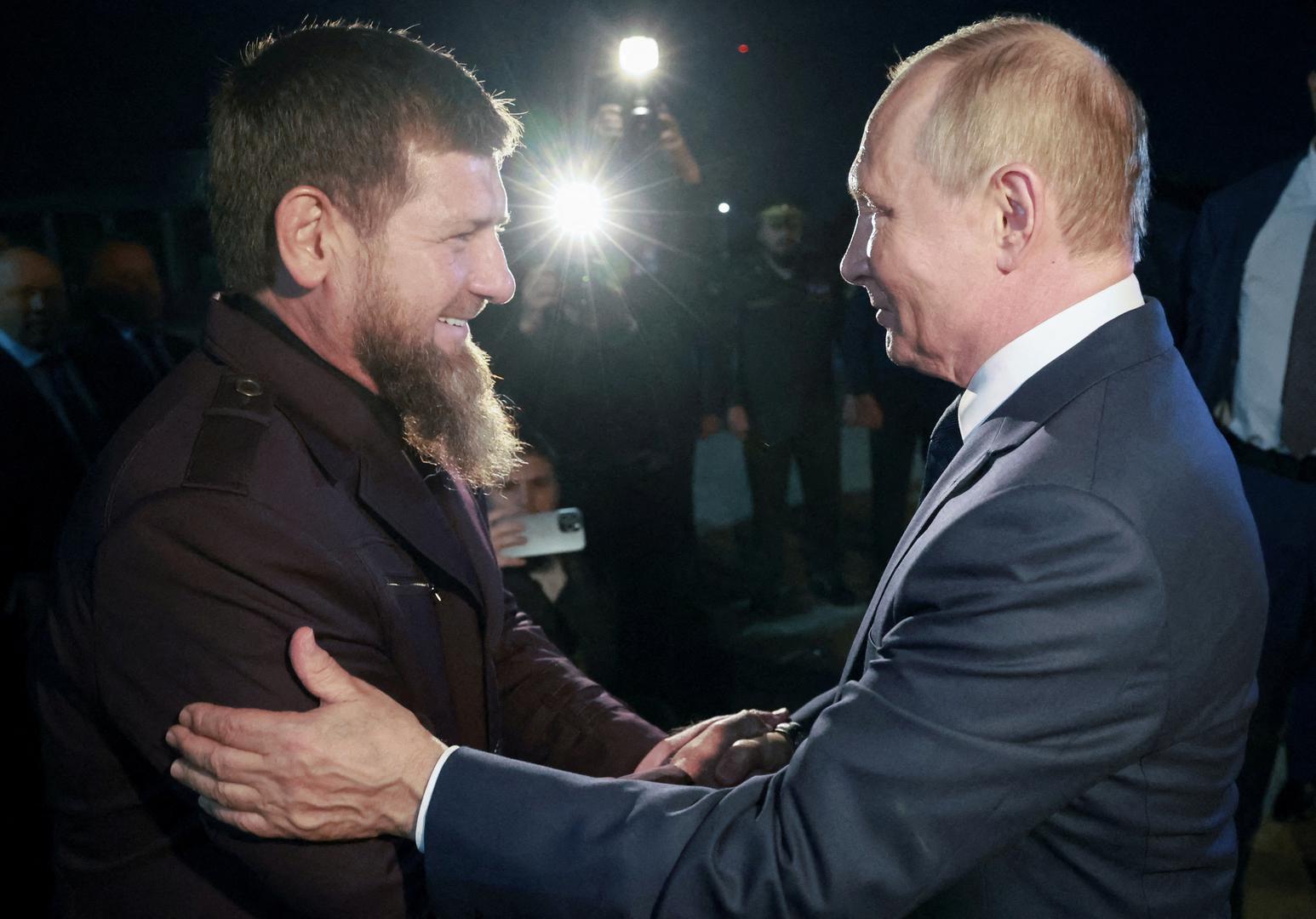 Russia's President Vladimir Putin is welcomed by head of the Chechen Republic Ramzan Kadyrov as they meet at an airport in Grozny, Russia August 20, 2024. Sputnik/Vyacheslav Prokofyev/Pool via REUTERS ATTENTION EDITORS - THIS IMAGE WAS PROVIDED BY A THIRD PARTY.     TPX IMAGES OF THE DAY Photo: VYACHESLAV PROKOFYEV/REUTERS