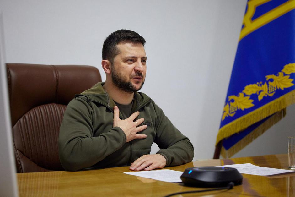 Ukraine's President Volodymyr Zelenskiy addresses the Swedish parliament via videolink, in Kyiv