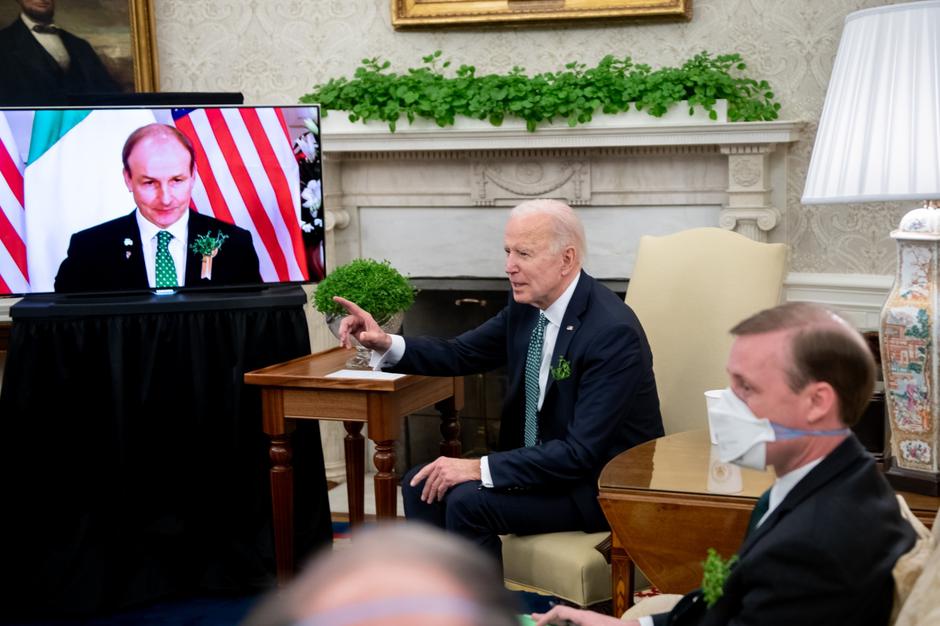 U.S. President Biden participates in a virtual bilateral meeting with Ireland's Prime Minister Martin in the Oval Office at the White House in Washington