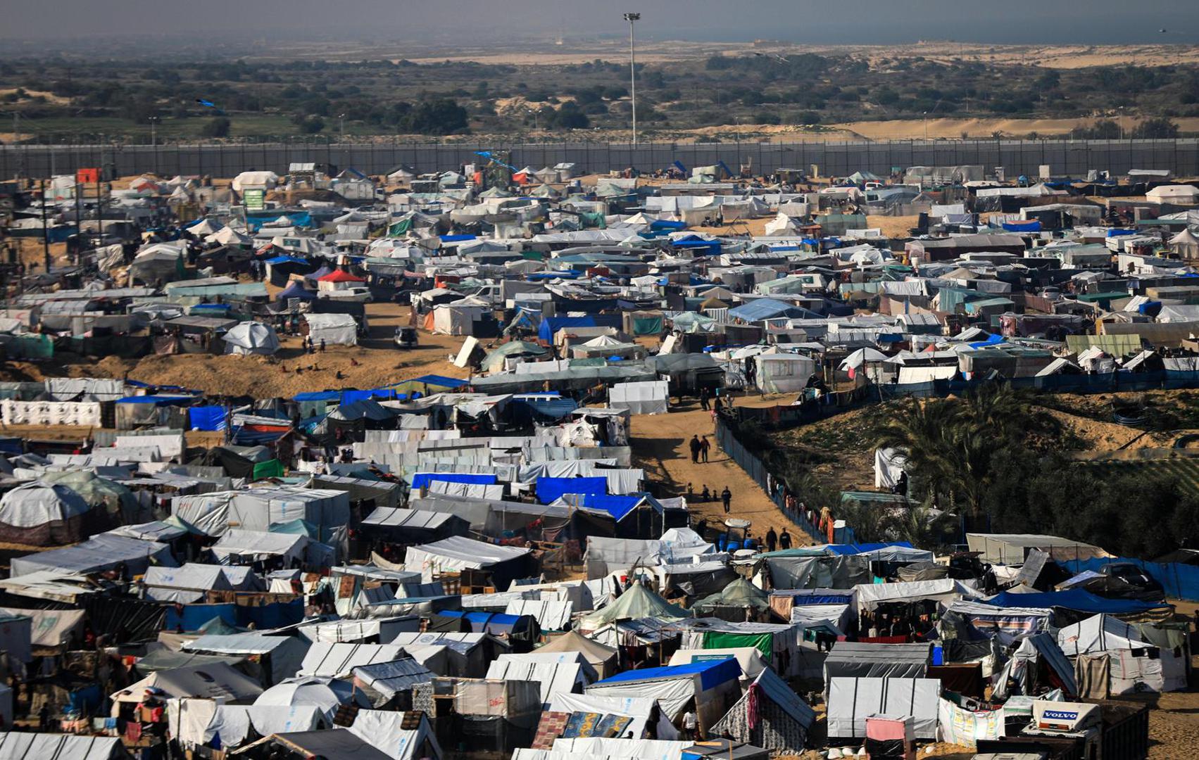 (240211) -- GAZA, Feb. 11, 2024 (Xinhua) -- This photo taken on Feb. 10, 2024 shows a view of a temporary camp in the southern Gaza Strip city of Rafah. Mayor of Rafah Ahmed Al-Sufi warned that, "Israeli bombings have escalated in recent hours in Rafah, paving the way for a military operation in the city." He called on the international community to take action to prevent Israel from carrying out a military offensive in the city, which is currently inhabited by more than 1.4 million Palestinians, stressing that any military action would lead to a "massacre" and a bloodbath. (Photo by Yasser Qudih/Xinhua) Photo: YASSER QUDIH/XINHUA