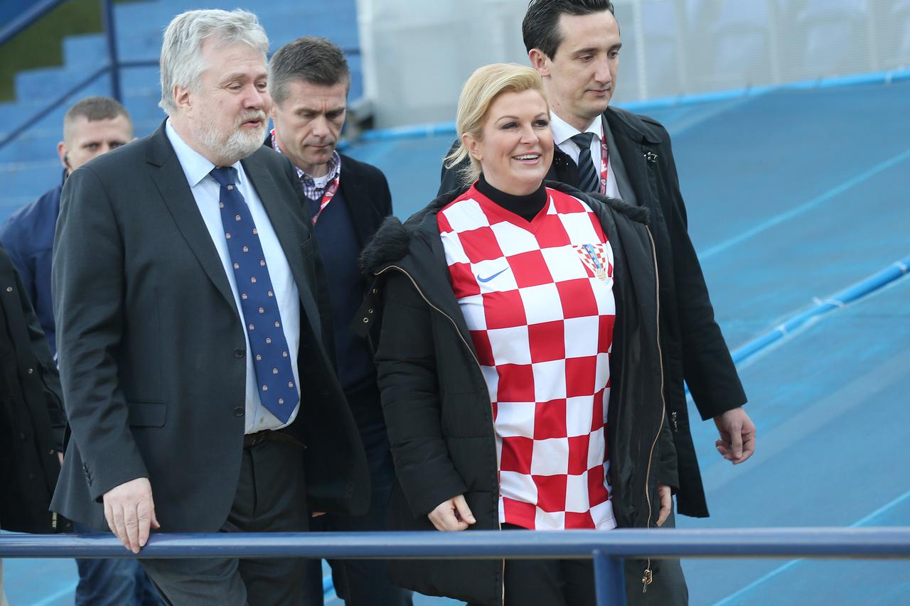 28.03.2015., stadion Maksimir, Zagreb - Kvalifikacije za Europsko prvenstvo 2016., Hrvatska - Norveska. Djuro Glogoski i Kolinda Grabar-Kitarovic s tribina prate utakmicu Hrvatska-Norveska.  Photo: Igor Kralj/PIXSELL