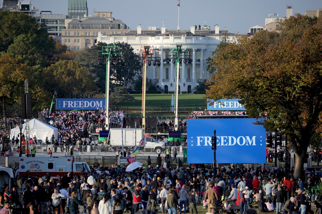 Democratic presidential nominee U.S. Vice President Kamala Harris delivers a speech on the National Mall, in Washington