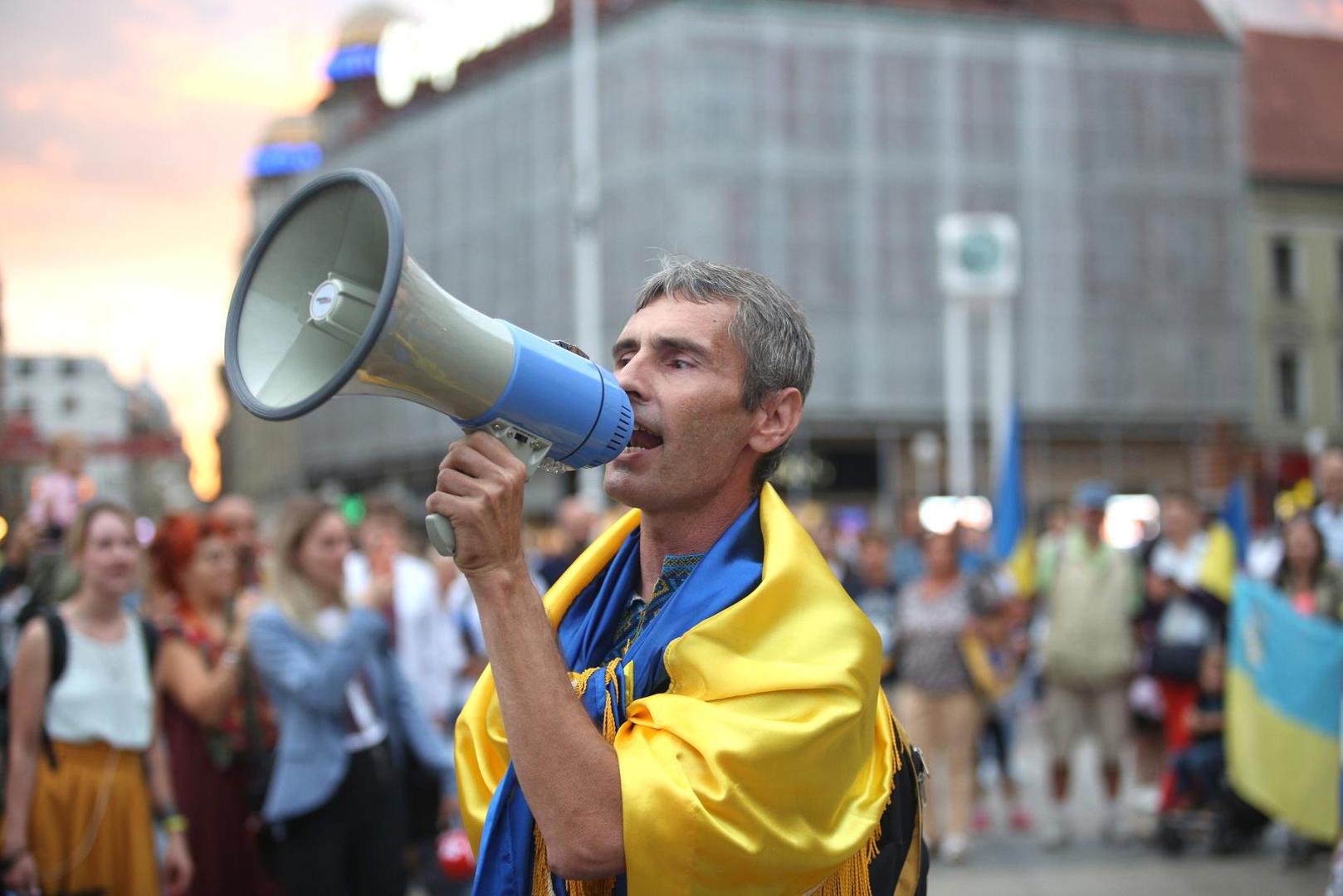 23.08.2022., Zagreb - Na Trgu bana jelacica odrzan Ukrajinski hod uz transparente i pjesmu protiv rata u Ukrajini. Photo: Lovro Domitrovic/PIXSELL