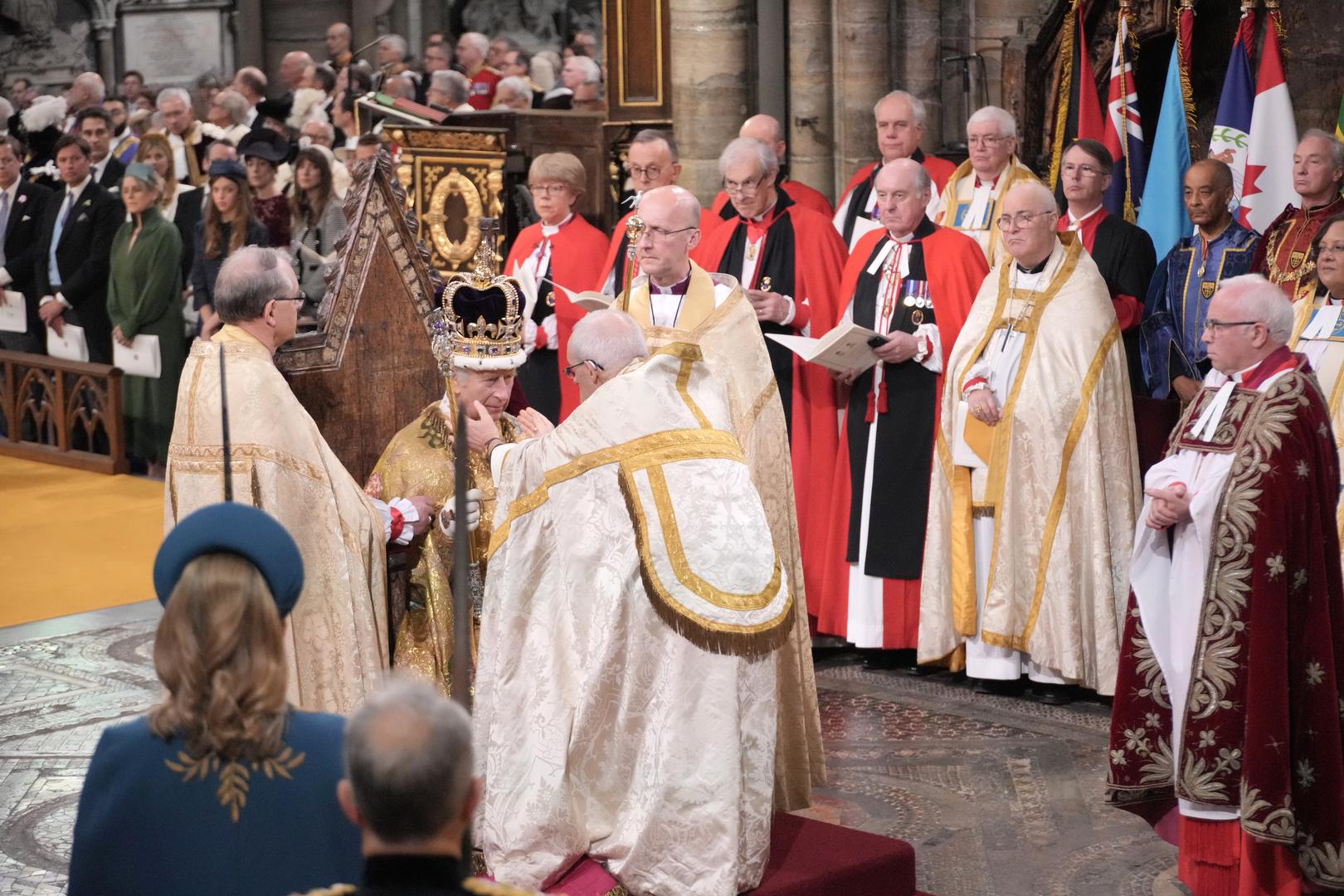 King Charles III receives The St Edward's Crown during his coronation ceremony in Westminster Abbey, London. Picture date: Saturday May 6, 2023. Photo: Jonathan Brady/PRESS ASSOCIATION