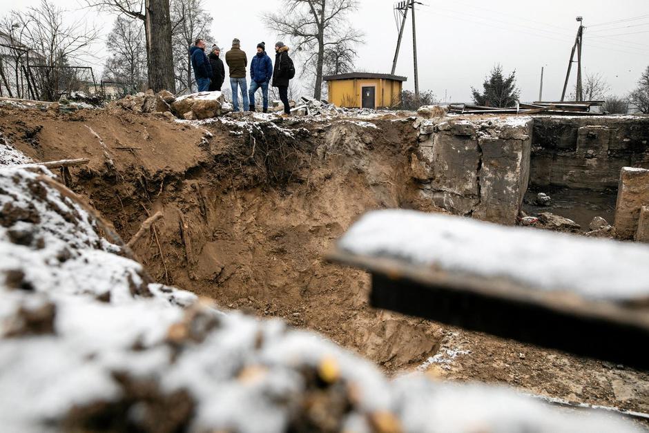 A view of the destruction at the scene of a blast site at a grain drying facility in Przewodow