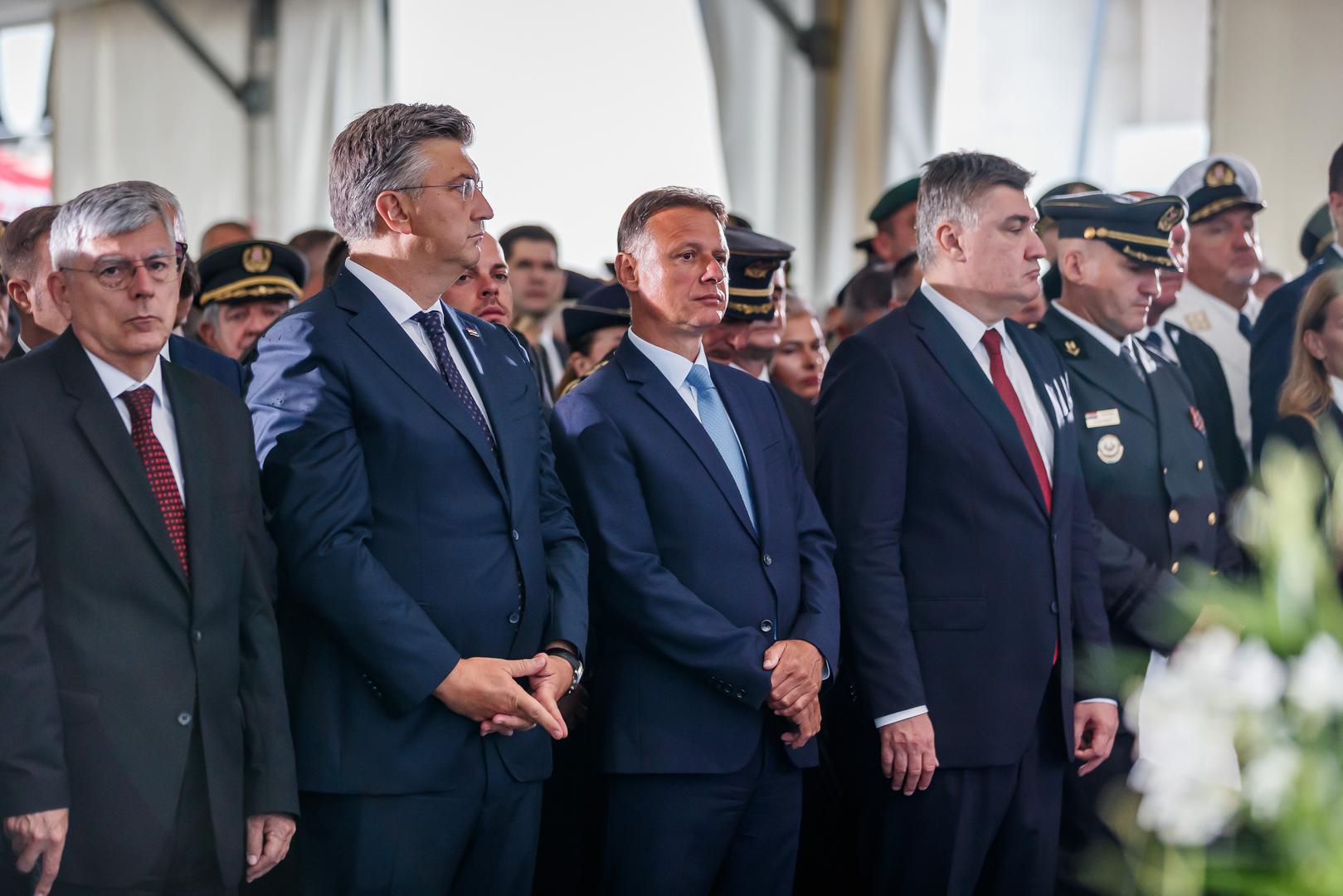 05.08.2023., Knin - Svecano obiljezavanje 28 obljetnice Oluje u Kninu.  Zeljko Reiner, Andrej Plenkovic, Gordan Jandrokovic, Zoran Milanovic  Photo: Zvonimir Barisin/PIXSELL