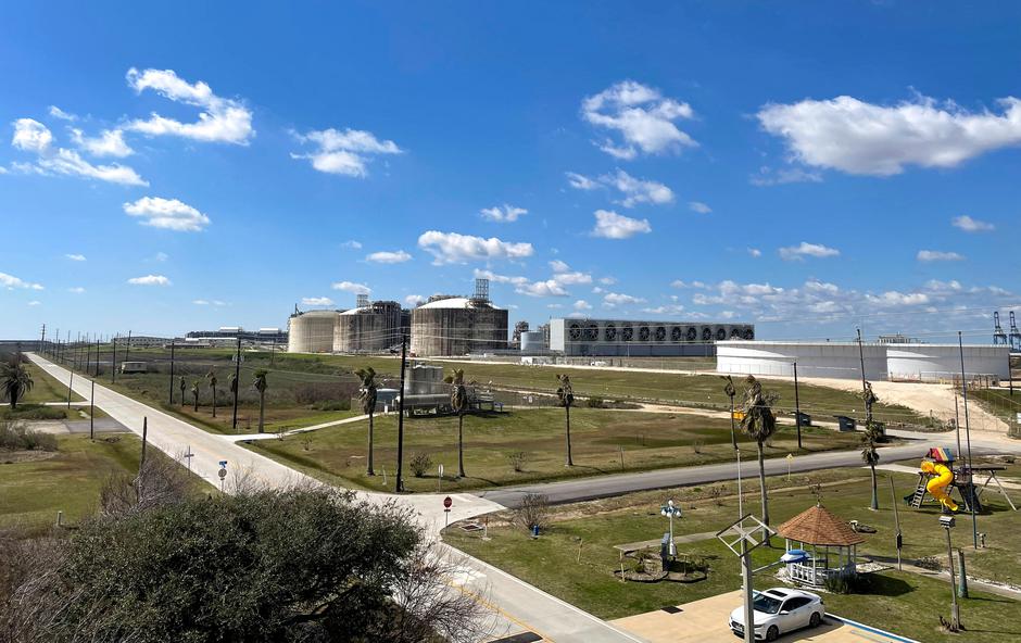 Storage tanks and gas-chilling units are seen at Freeport LNG