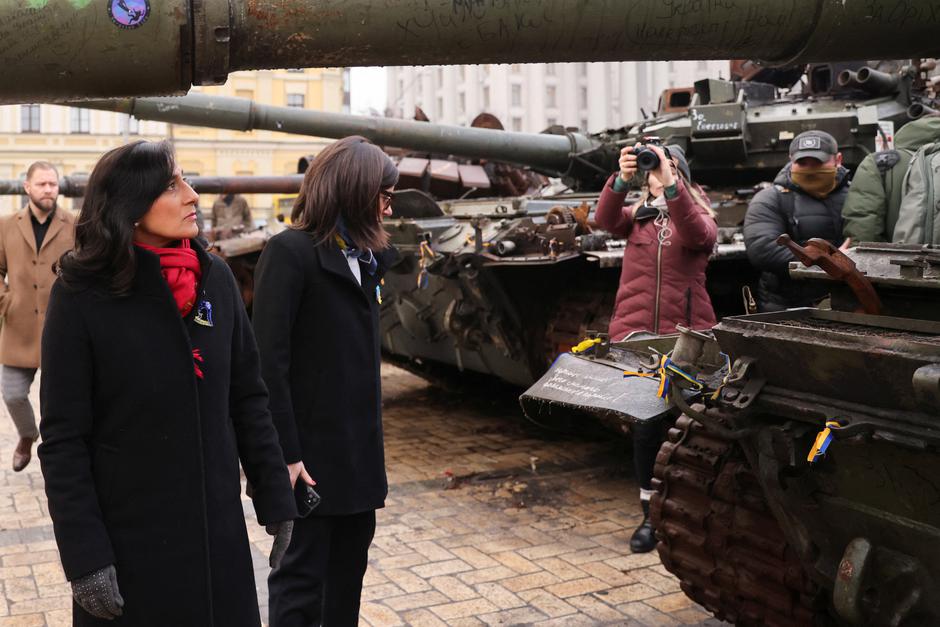 Canadian Defence Minister Anita Anand visits an exhibit of destroyed Russian military equipment in St. Michael's Square, in Kyiv