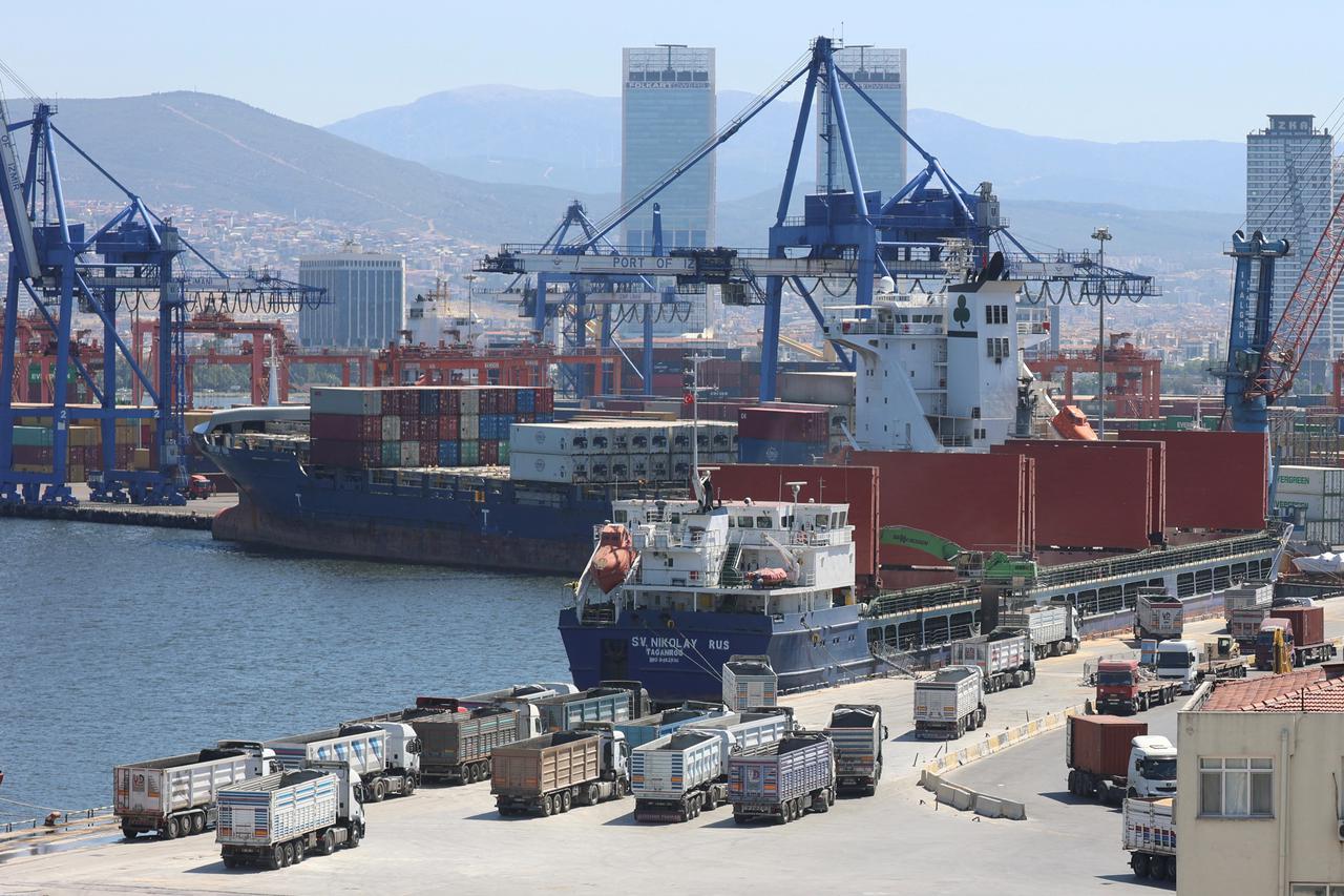 Russian-flagged bulk carrier SV Nikolay is unloaded at Izmir port in the Aegean city of Izmir