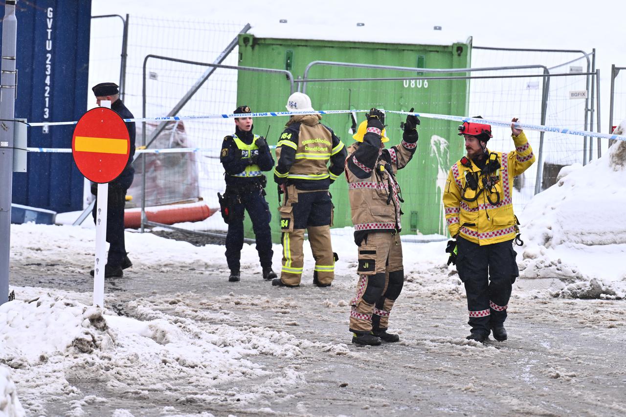 Emergency services work following a construction lift accident in Sundbyberg, north of Stockholm