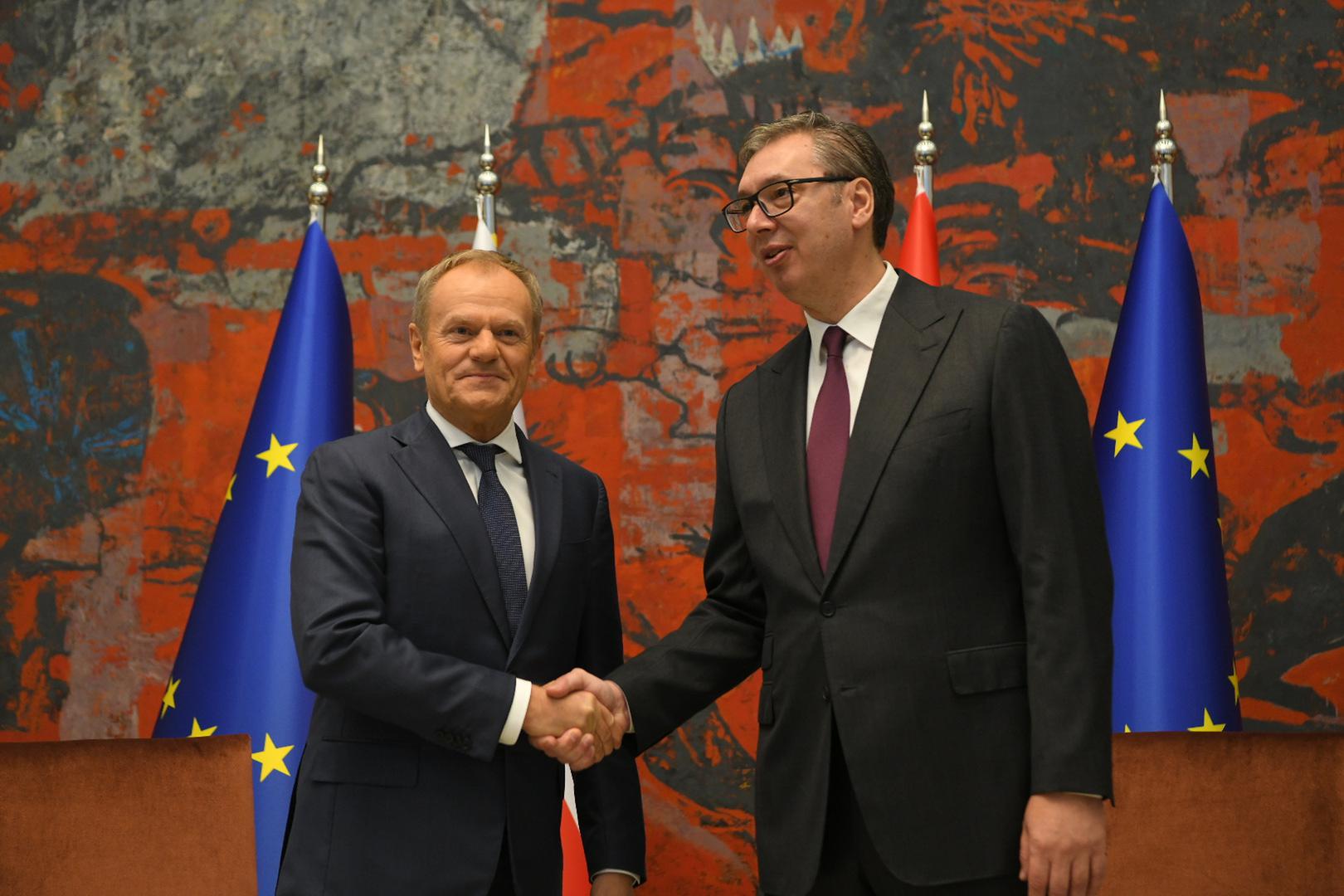 24, October, 2024, Belgrade - The President of the Republic of Serbia, Aleksandar Vucic, will host the Prime Minister of the Republic of Poland, Donald Tusk, who is on an official visit to the Republic of Serbia from October 23 to 24 - Tête-à-tête meeting between Aleksandar Vucic and Donald Tusk. Donald Tusk, Aleksandar Vucic. Photo: R.Z./ATAImages 

24, oktobar, 2024, Beograd - Predsednik Republike Srbije Aleksandar Vucic ugostice predsednika Vlade Republike Poljske Donalda Tuska koji boravi u zvanicnoj poseti Republici Srbiji od 23. do 24. oktobra. Photo: R.Z./ATAImages Photo: R.Z./ATAImages/PIXSELL