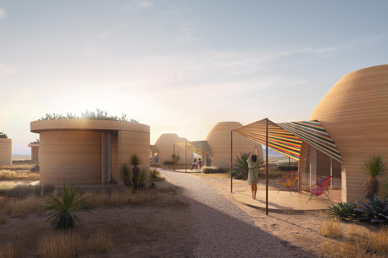 A rendering of 3D-printed hotel units at El Cosmico hotel and campground in Marfa,