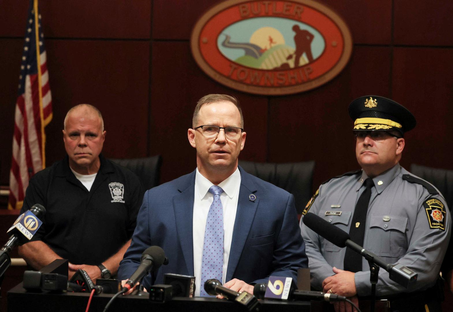 Kevin Rojek, special agent in charge of the FBI Pittsburgh field office speaks as Deputy Commissioner of Operations Lieutenant Colonel George Bivens and Pennsylvania State Police Colonel Christopher Paris look on during a press conference after Republican presidential candidate and former U.S. President Donald Trump was injured when shots were fired during a campaign rally, at a police station in Butler, Pennsylvania, U.S., July 13, 2024. REUTERS/Brendan McDermid Photo: BRENDAN MCDERMID/REUTERS