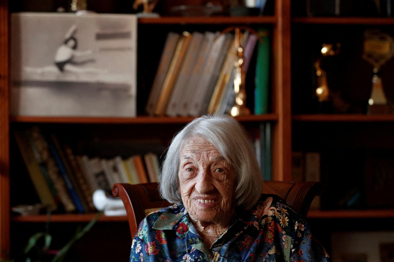 Keleti, former Olympic gold medal winning gymnast poses for a picture at her home in Budapest