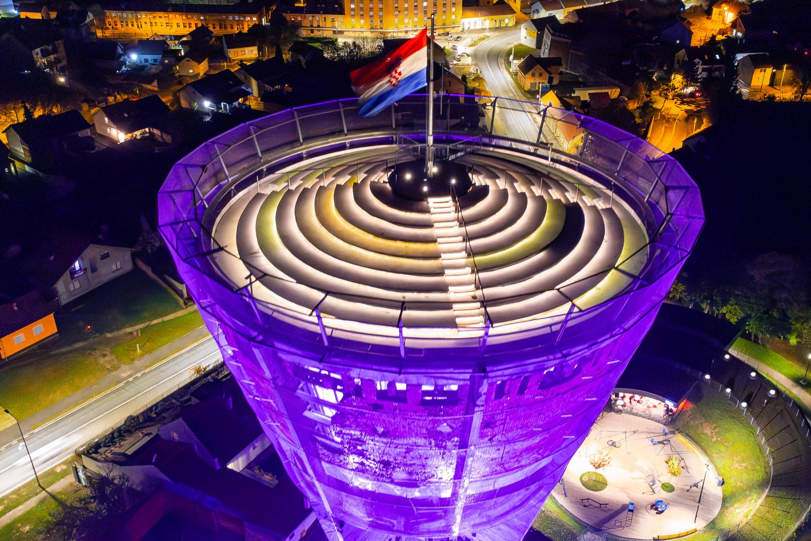 17.11.2023., Vukovar - Pogled iz zraka na Vukovarski vodotoranj osvjetljen ljubicastom bojom povodom Svjetskog dana prijevremeno rodjene djece. Photo: Davor Javorovic/PIXSELL