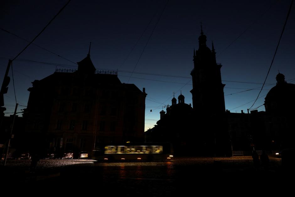 View shows a city without electricity after Russian missile attack in Lviv