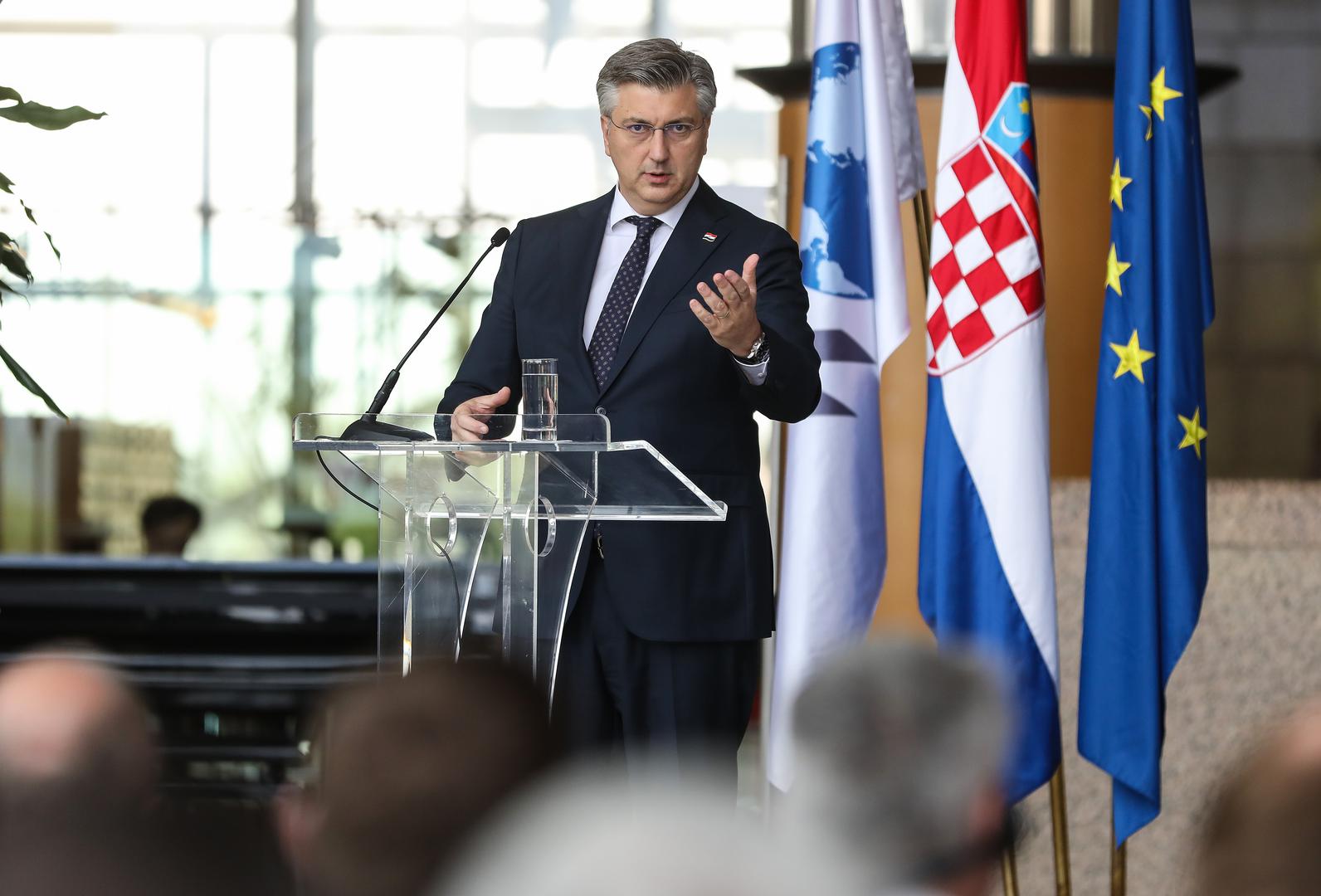 20.04.2023., Zagreb - U organizaciji Vlade Republike Hrvatske i Ministarstva vanjskih i europskih poslova u Nacionalnoj i sveucilisnoj knjiznici odrzala se konferencija pod nazivom "Hrvatska na putu u OECD: Sto donosi clanstvo?". Predsjednik Vlade Andrej Plenkovic Photo: Jurica Galoic/PIXSELL