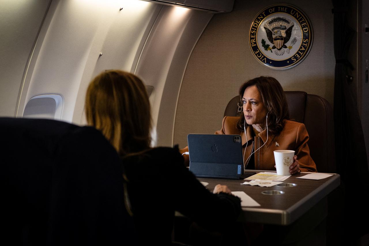 Democratic presidential nominee U.S. Vice President Kamala Harris works aboard Air Force Two